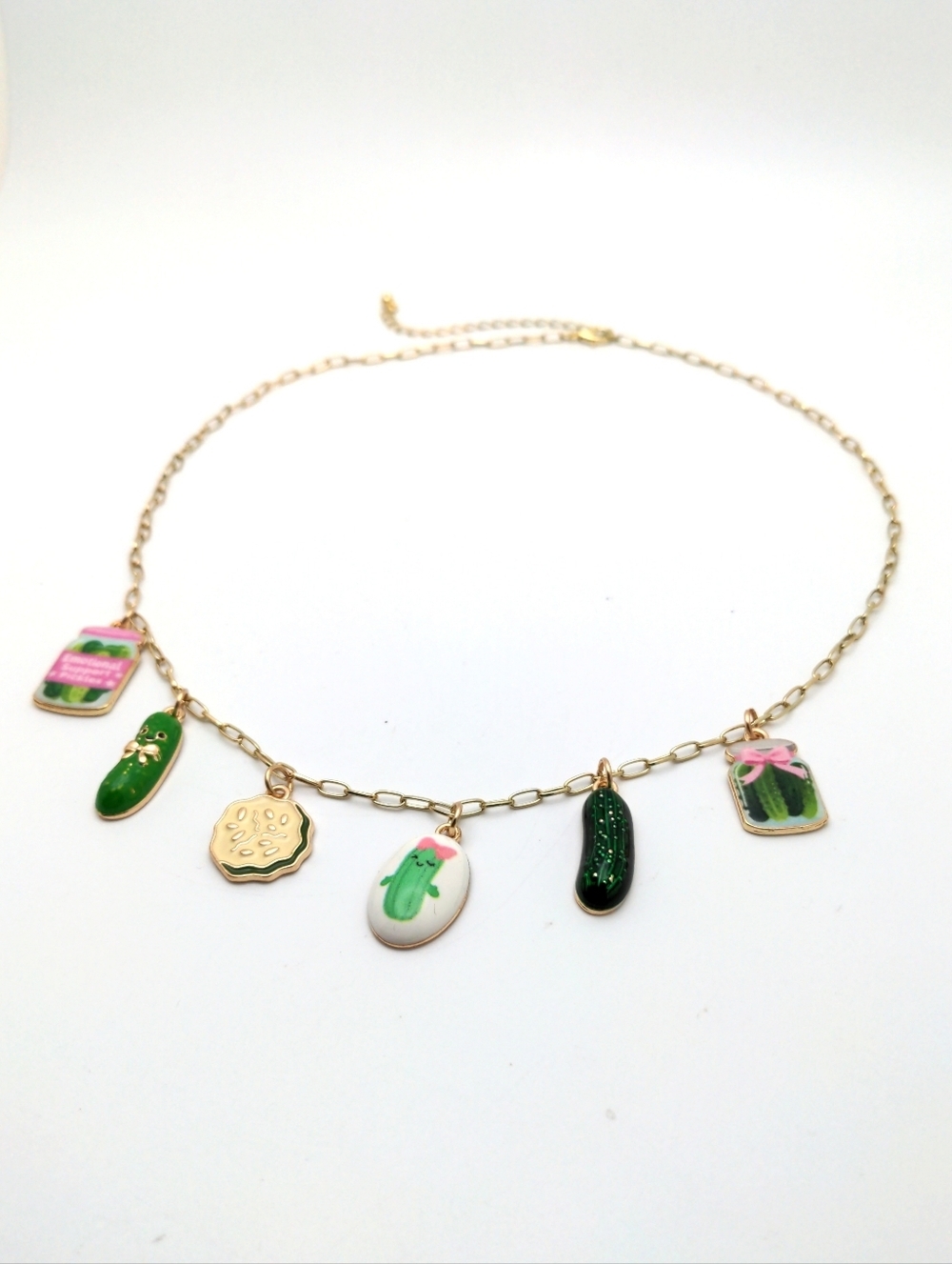 381MIDALANE Pickle Charm Necklace In Gold & Green, Handcrafted